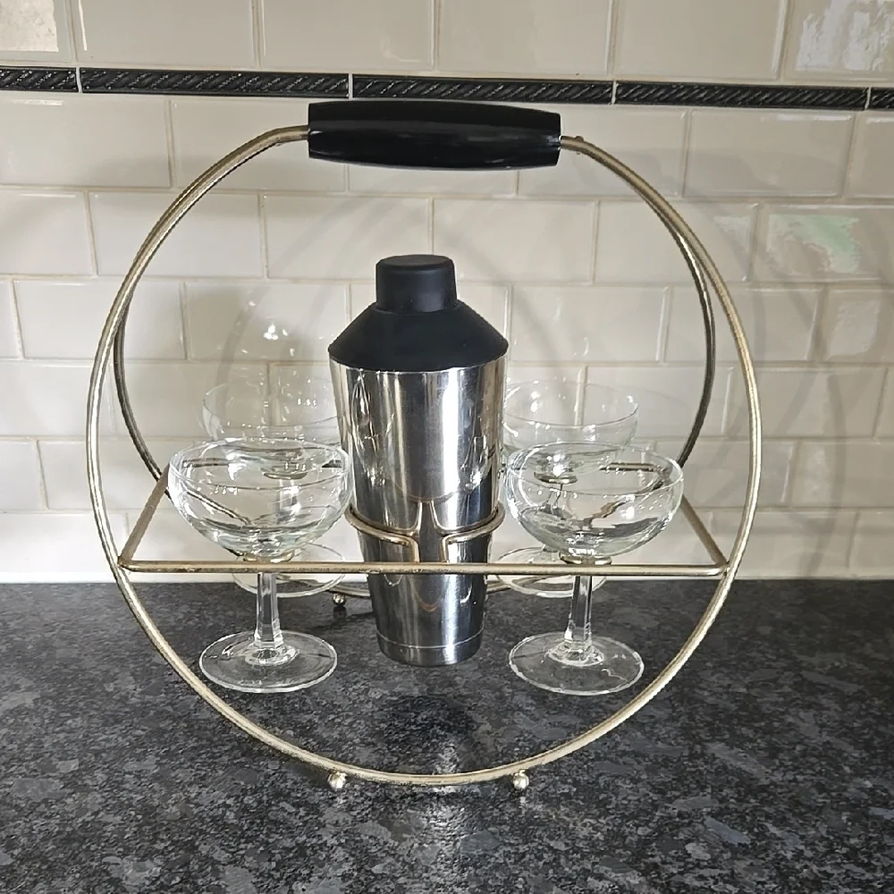 Vintage Brass Cocktail Carrier with Glasses and Shaker